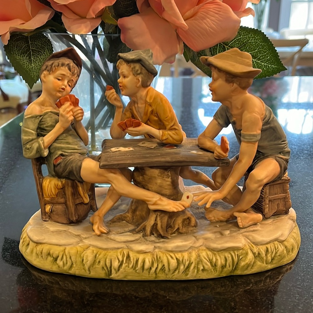 VTG Capodimonte Porcelain Figurine, "The Cheaters Playing Cards", 10 3/4” L